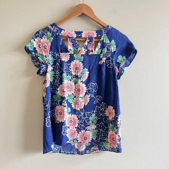 MAEVE By Anthropologie Floral Cutout Blouse Top Womens Sz 4 V Neck Short Sleeve - Picture 7 of 7